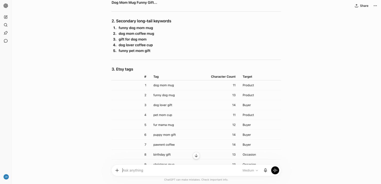 ChatGPT output: 13 Etsy tags with character counts labeled product, buyer, or occasion